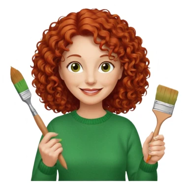 FEMME FRISÉ 60 ANS CHEVEUX ROUX FRISÉ SEMI LONG SOURIANTE AVEC CHANDAIL VERT YEUX BRUN ET UN PINCEAU À LA MAIN LA MAIN AVEC 5 DOIGT SEULEMENT  sticker