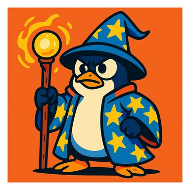 a heroic penguin wizard with a starry robe and staff, looking determined, in a bold, graphic style, colorful cartoon sticker