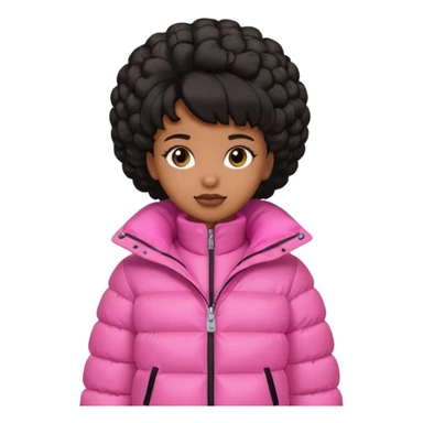 A brown skin  skinned girl that’s has puffy black hair with her hair up in a puffy hairstyle and skinny and wears a pink puffer coat sticker