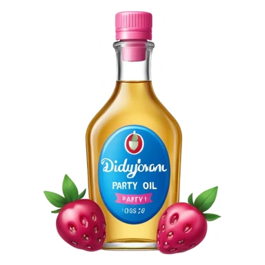 bottle of oil blue top pink outside with logo that says Diddy Party oil Johnson and Johnson  brand with a smiling berry on top sticker