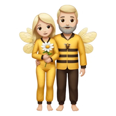 Grown up man with brown eyes, long dark brown long, white skin, medium beard, full body in cute bee pijama hugging a woman with blonde hair, white skin, dressed as a flower  sticker