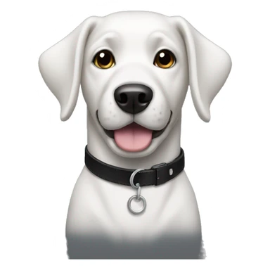 Black and white dog wearing a black collar sticker