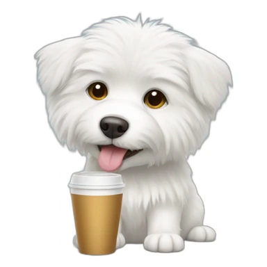 White furry little dog drinks coffee sticker