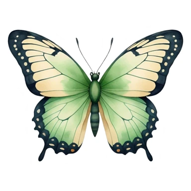 A minimalist watercolor illustration of a butterfly with green hues and fine details, set against a soft beige canvas.
 sticker