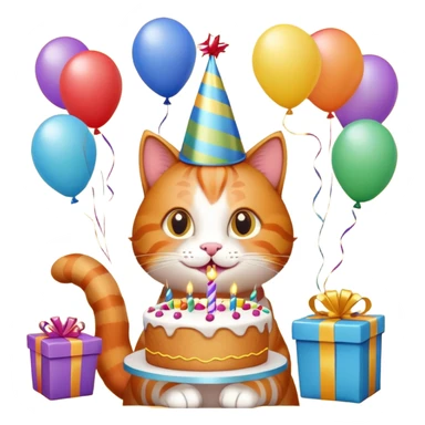 Ginger cat celebrates birthday, birthday hat, birthday cake, balloons, happy, gifts sticker