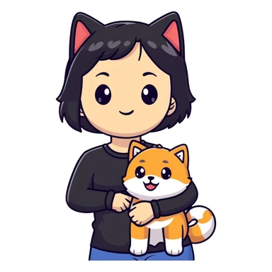 girl with black shoulder-length hair wearing a black tight-fitting top with a calico cat with white mouth and a shiba inu dog sticker