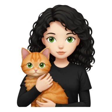 Girl with medium length black wavy hair in a black t shirt holding a ginger cat sticker