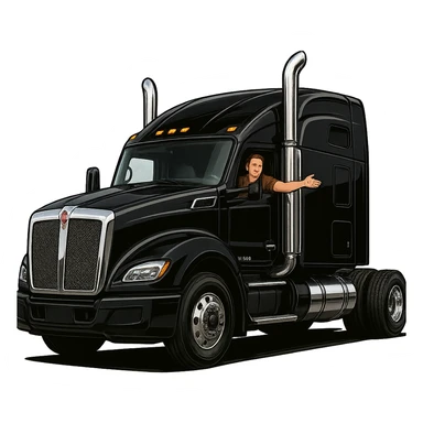 Black Kenworth W680 semi sleeper (2026), chrome stack, person in the truck with arm out the window, bold and detailed, transparent background sticker