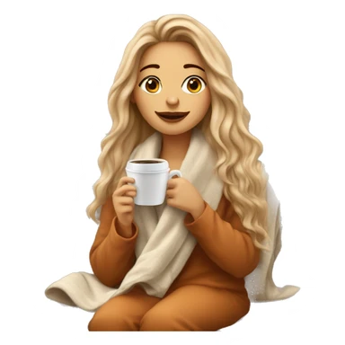 Auburn long haired girl in with a blanket and a latté coffe sticker