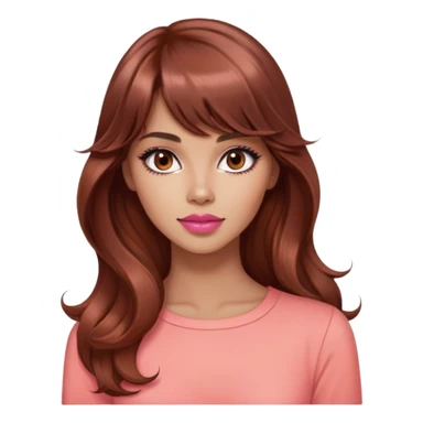 gorgeous woman, light tan skin, dark brown eyes, very long wavy auburn hair, bangs, pink top, coral lipstick, cool, model sticker