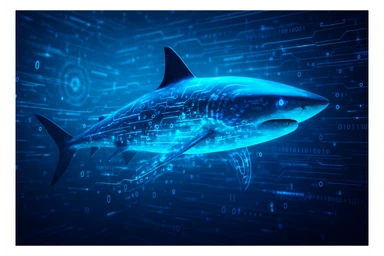 a data shark, combining elements of a shark and digital data, visually striking style, digital and oceanic fusion sticker