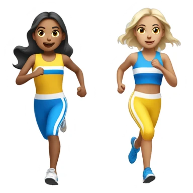 3 pale hispanic girls running a race with yellow blue and white outfits  sticker