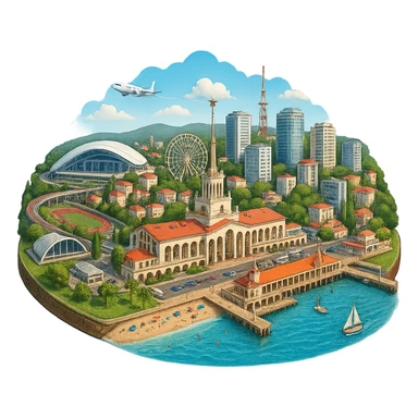 Изометричная, яркая, детализированная и фотореалистичная иллюстрация панорамы города Cочи на круглой подставке в стиле 3D-коллажей городов, чёткие линии, слегка мультяшная стилистика, прозрачный фон, не обрезать края картинки sticker