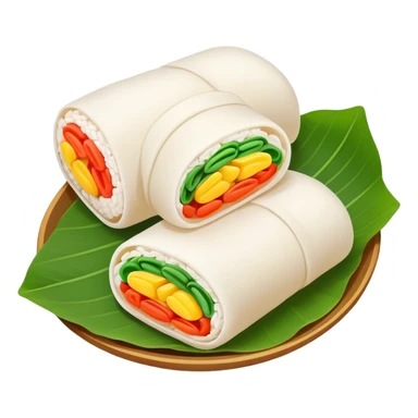 Hangzhou Pian Er Chuan steamed rice cake rolls with fillings, simplified emoji style with bold outlines and bright colors, cartoon style local specialty snack sticker