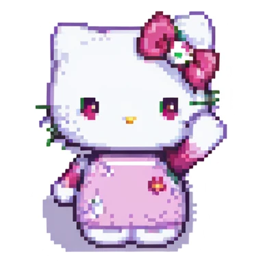 Hello Kitty waving hand, pixel art style, retro game vibe sticker