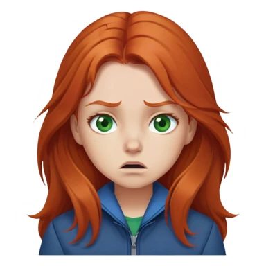 Redhead girl with long hair, green eyes, blue jacket, upset expression sticker