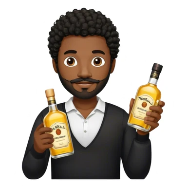 dark black guy, short black curly hair, short beard and mustache, holding tequila, black shirt  sticker