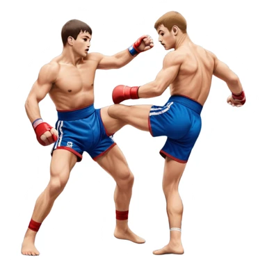 Two Sambo fighters in blue and red gis with shorts and wrestling shoes, executing gripping and throwing techniques. The fighters are engaged in a dynamic, action-packed moment with no strikes. The background features a wrestling mat, focusing on the technique and control. Transparent background  sticker