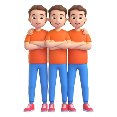 Two cartoon-style boys with similar features, arms around each other's shoulders, smiling, matching outfits, standing close, white background, emoji style sticker