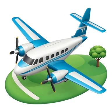 A 3D cartoon small twin-propeller airplane flying low over fields, gentle lighting, bright background, Memoji-style rendering. sticker
