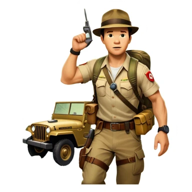 A vintage movie poster-style collage. Include action-packed elements like a treasure map, jungle scenes, a rugged explorer with a compass and a speeding jeep. Add a shadowy figure resembling close-up Mark Wahlberg in adventurous gear. Dramatic lighting, dynamic composition. Transparent background. sticker