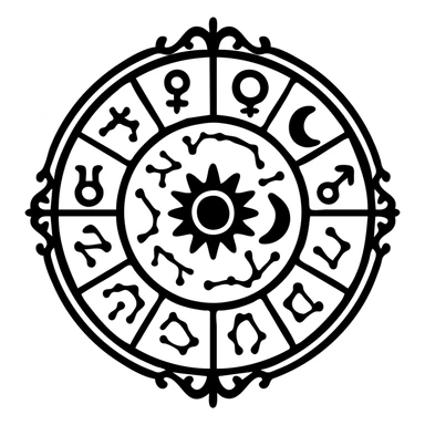 vintage astrology natal chart icon with intricate celestial symbols, mystical, ornate, zodiac constellations, solid black sticker