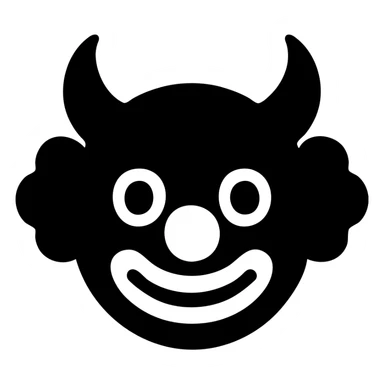 black-filled icon with devil horns and red clown nose at center, symbolizing a group of horned clown characters sticker