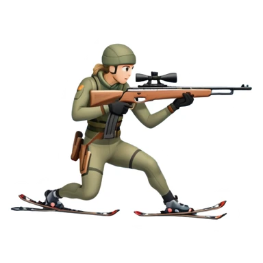 An icon showing a snowy landscape with pine trees, mountains, and a clear sky with a biathlete aiming a rifle in the foreground, wearing winter gear and skis. Transparent background emphasizes the precision, endurance, and beauty of this winter sport. sticker