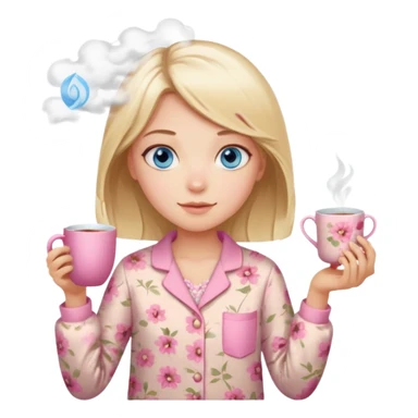 Blue eyed girl with middle length blond hair in floral beige pijamas is holding a pink cup of tea sticker