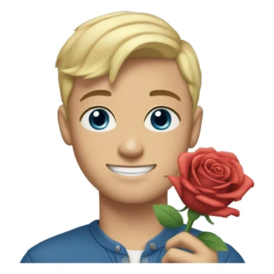 blonde-haired 18-year-old boy, buzz cut hair, blue eyes, blue top, blue background, holding a rose  sticker
