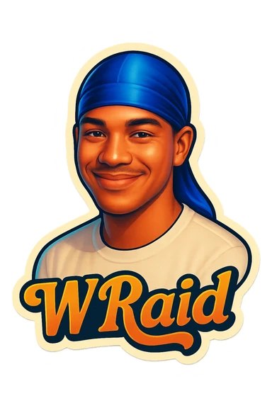 Smiling no teeth
make his shirt white
Change His durag To BLUE
Make it say "  W Raid " sticker