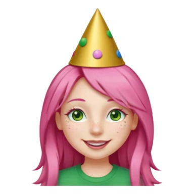 Create a girl with long pink hair and green eyes with long eyelashes and a smiley face. She has freckles in her face and a lit of bit of pink lipstick on her mouth, she’s also got gold birthday party hat on her head with gold pom poms on top of it, and her T-shirt is all red sticker