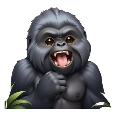 Cinematic Cute Yawning mountain Gorilla Portrait Emoji, Head tilted slightly with a dramatic, wide-open yawn, showcasing a formidable build with a silvery mane and drowsy, half-closed eyes, Simplified yet irresistibly adorable features, highly detailed, glowing with a soft, cozy jungle glow, high shine, relaxed yet expressive, stylized with a dash of whimsical primate charm, soft glowing outline, capturing the essence of a drowsy yet affectionate guardian that appears ready to stretch out for a nap! sticker