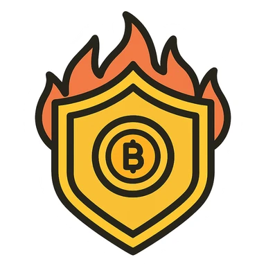 golden shield with a coin or NFT at the center, protected by flames, colorful icon with black outlines sticker