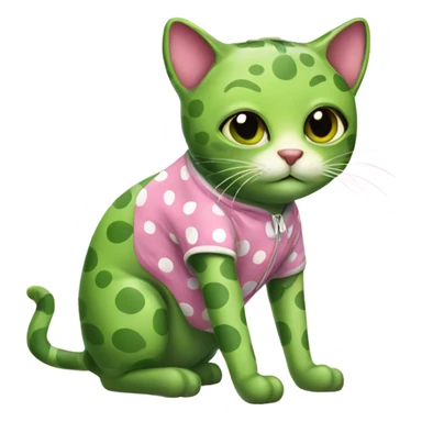 Green cat wearing a pink polka dot frog onesie  sticker