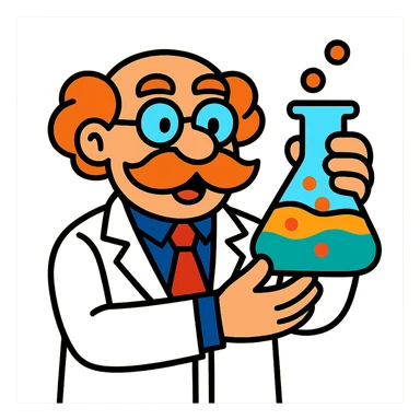 cartoon scientist with big mustache, holding a flask with colorful liquid sticker
