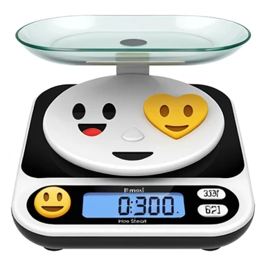 iOS-style 3D emoji: a small digital kitchen scale with a flat platform and an LCD screen displaying 0 g. sticker