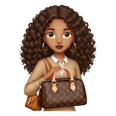 Brown girl with long dark brown long curly hair carrying h Louis Vuitton bag sticker