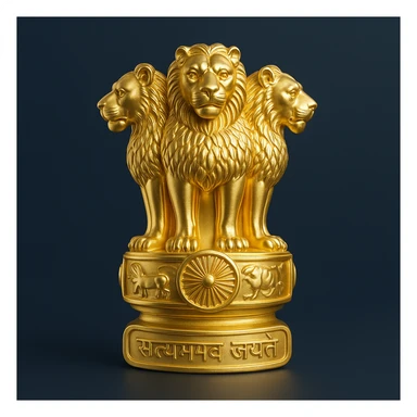 Golden Satyamev Jayate symbol with dark blue background, modern and clean design, high contrast sticker