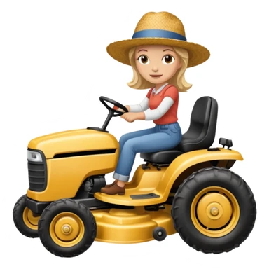 White woman without glasses wearing a straw hat, on old Westwood ride on lawn mower.  sticker