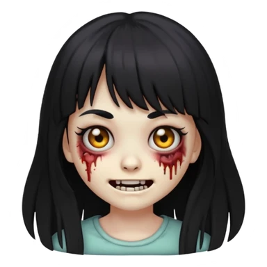 zombie girl emoji with black eyes, long black hair with bangs, creepy smile expression sticker