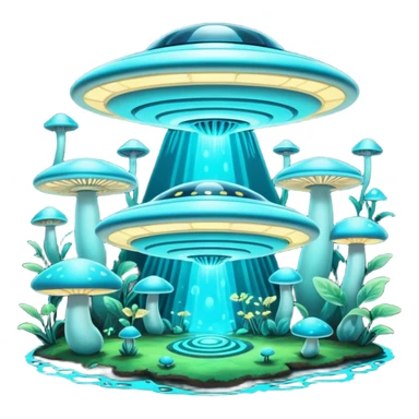 extraterrestrial futuristic otherworldly cyan bioluminescent neon-glowing aesthetic scenery flying saucers UFOs mushroom floating flying hovering object sticker