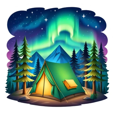 northern lights over pine forest with camping tent sticker