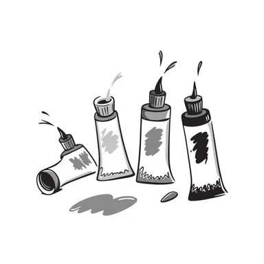 Art paint tubes with different colors squeezed out in pastel colors (dd9fb0, ffc6d3, a3bfc9, c4bee2, f1b091), hand-drawn doodle style sticker