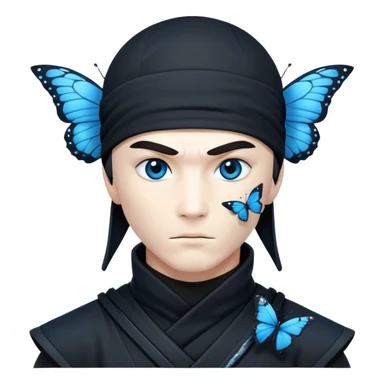 Crea una imagen con estos dos emoji 🥷🏻🦋
él ninja de piel blanca con la mariposa azu posada en el hombro como si estuviera volando. sticker