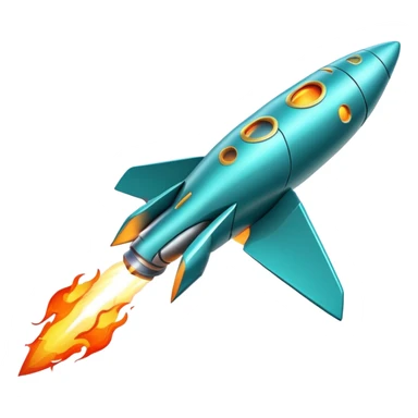 robotic teal spaceship launching to the right with rocket flames sticker