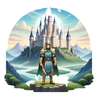 An icon featuring a hero with a closed visor, standing in a majestic, mystical landscape, inspired by RPGs like Elden Ring. The design includes a stunning, ethereal background with towering castles and distant mountains, symbolizing the adventure and mystery. Transparent background sticker