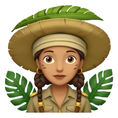 a old female explorer with jungle wearing a large leaf headgear bye  sticker