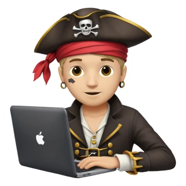 pirate dressed as a programmer, with a laptop, coding, playful and clever expression, modern pirate hat, tech gadgets sticker