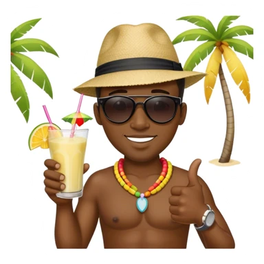 West Indian black male on beach sipping Colada with a thumbs-up sticker